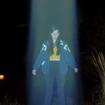 girl being beamed up by a spaceship